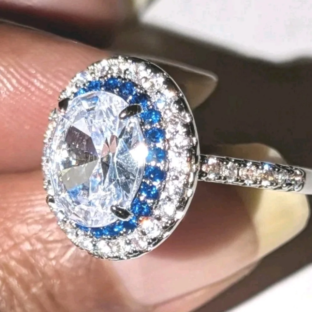 3Ct Blue Halo White Diamond Simulated Engagement Ring 14K White Gold Plated Sz 7